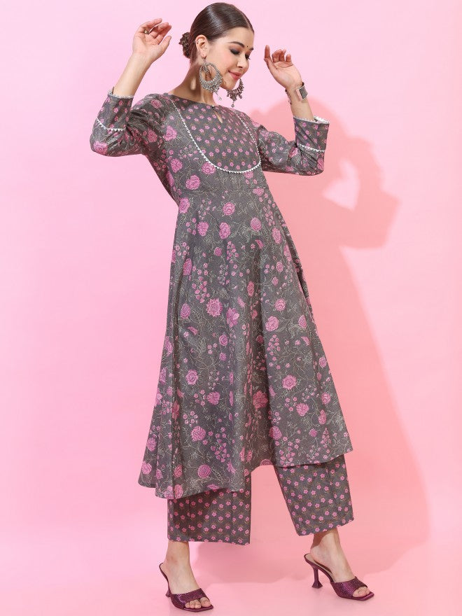 Vishudh Women Grey/Purple Floral Printed A-Line Kurta And Palazzo And Dupatta - Grey - Image 5