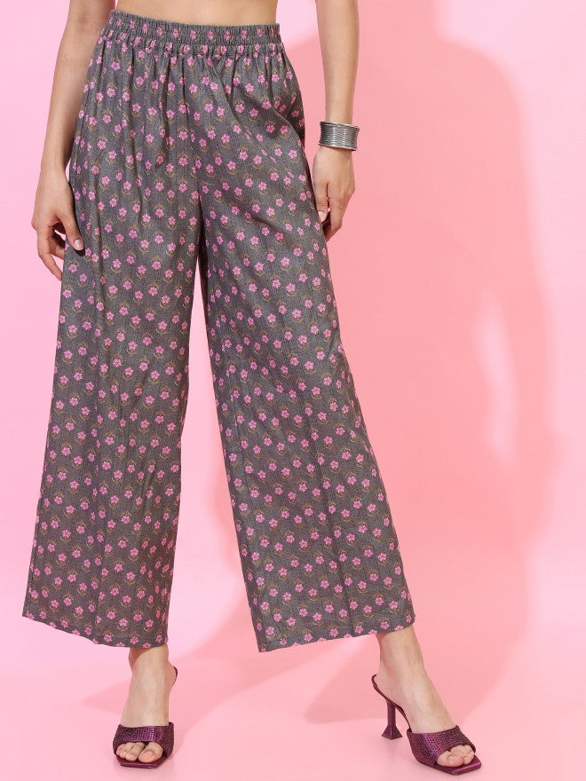 Vishudh Women Grey/Purple Floral Printed A-Line Kurta And Palazzo And Dupatta - Grey - Image 7