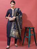 Vishudh Women Navy Printed A-Line Kurta With Trouser And Dupatta - Navy Blue - Image 1