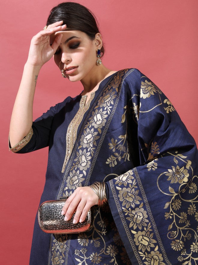 Vishudh Women Navy Printed A-Line Kurta With Trouser And Dupatta - Navy Blue - Image 2