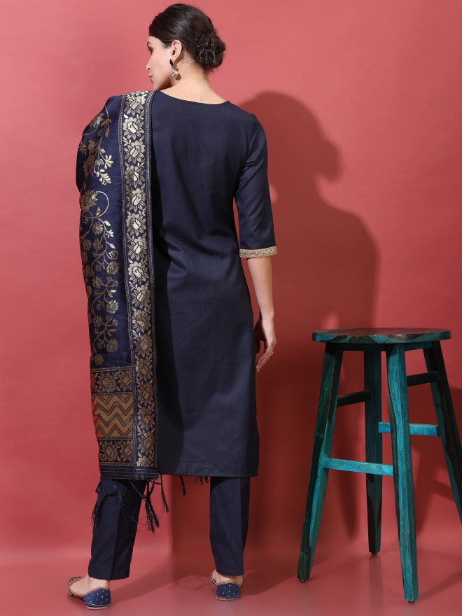 Vishudh Women Navy Printed A-Line Kurta With Trouser And Dupatta - Navy Blue - Image 3