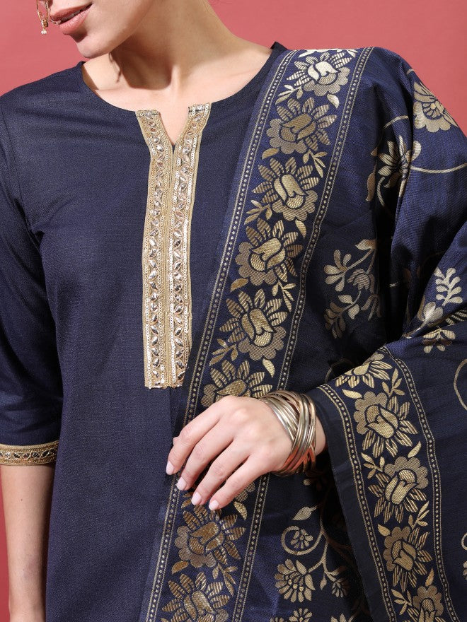 Vishudh Women Navy Printed A-Line Kurta With Trouser And Dupatta - Navy Blue - Image 4