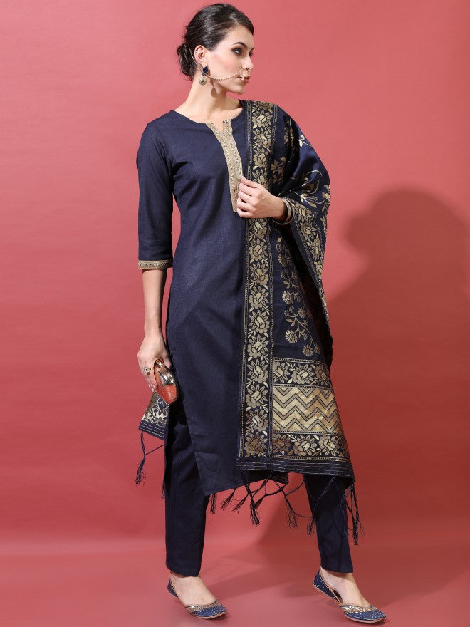 Vishudh Women Navy Printed A-Line Kurta With Trouser And Dupatta - Navy Blue - Image 5