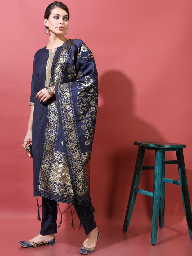 Vishudh Women Navy Printed A-Line Kurta With Trouser And Dupatta - Navy Blue - Image 6
