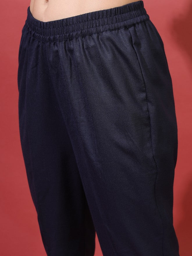 Vishudh Women Navy Printed A-Line Kurta With Trouser And Dupatta - Navy Blue - Image 7