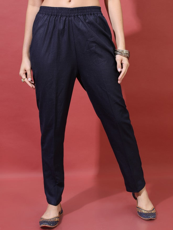 Vishudh Women Navy Printed A-Line Kurta With Trouser And Dupatta - Navy Blue - Image 8
