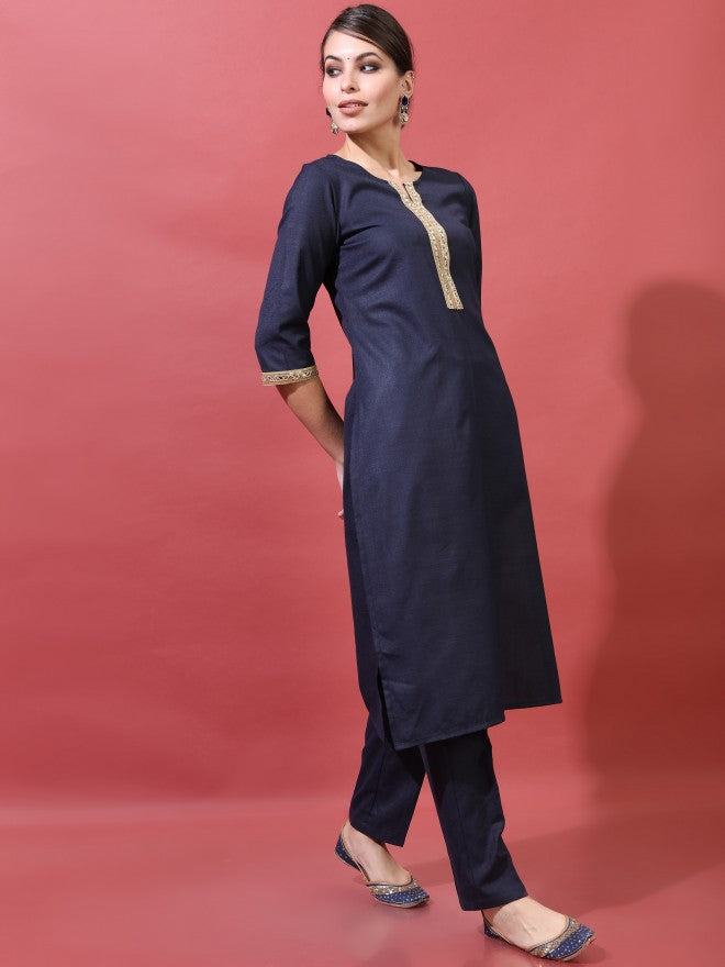 Vishudh Women Navy Printed A-Line Kurta With Trouser And Dupatta - Navy Blue - Image 9