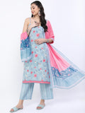 Vishudh Women Blue/Pink Floral Straight Kurta With Palazzo And Dupatta - Blue - Image 1