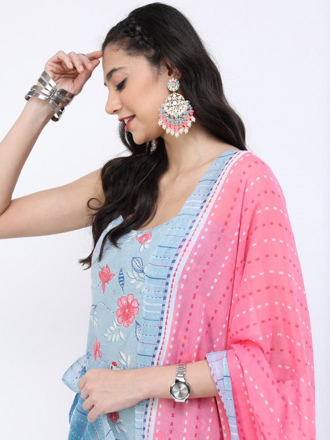 Vishudh Women Blue/Pink Floral Straight Kurta With Palazzo And Dupatta - Blue - Image 2