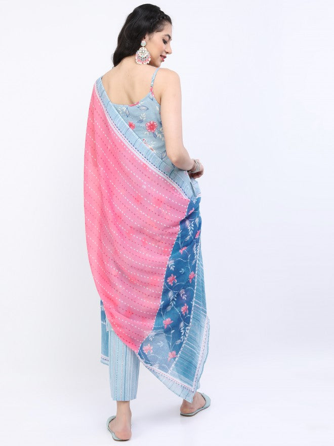 Vishudh Women Blue/Pink Floral Straight Kurta With Palazzo And Dupatta - Blue - Image 3