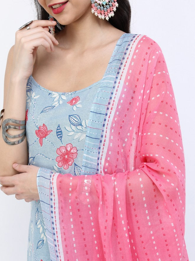 Vishudh Women Blue/Pink Floral Straight Kurta With Palazzo And Dupatta - Blue - Image 4