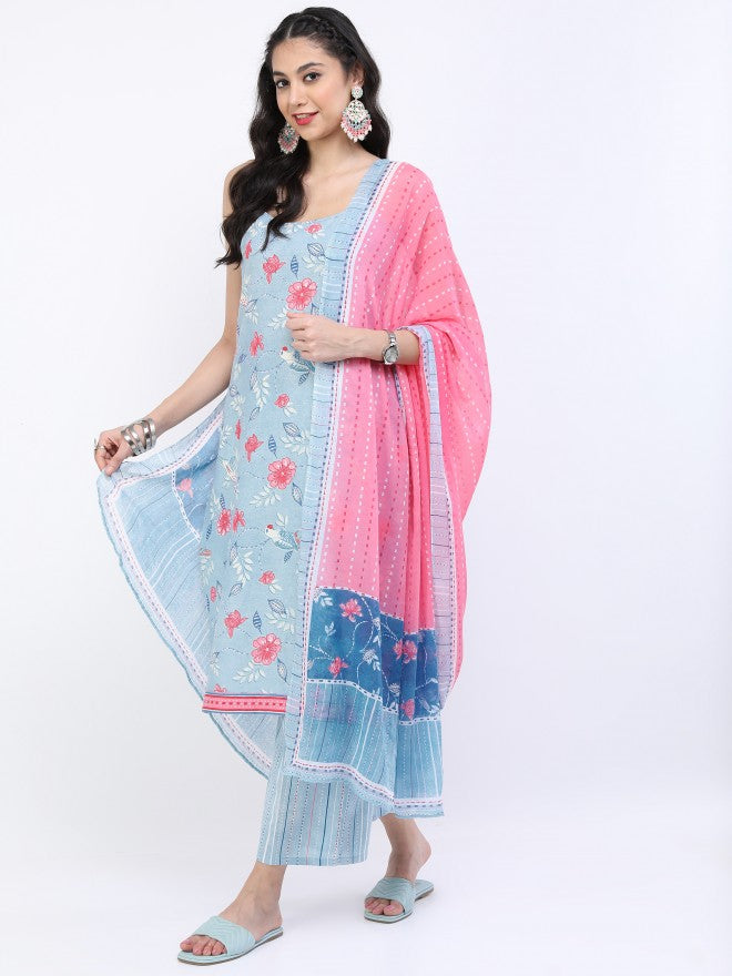Vishudh Women Blue/Pink Floral Straight Kurta With Palazzo And Dupatta - Blue - Image 5