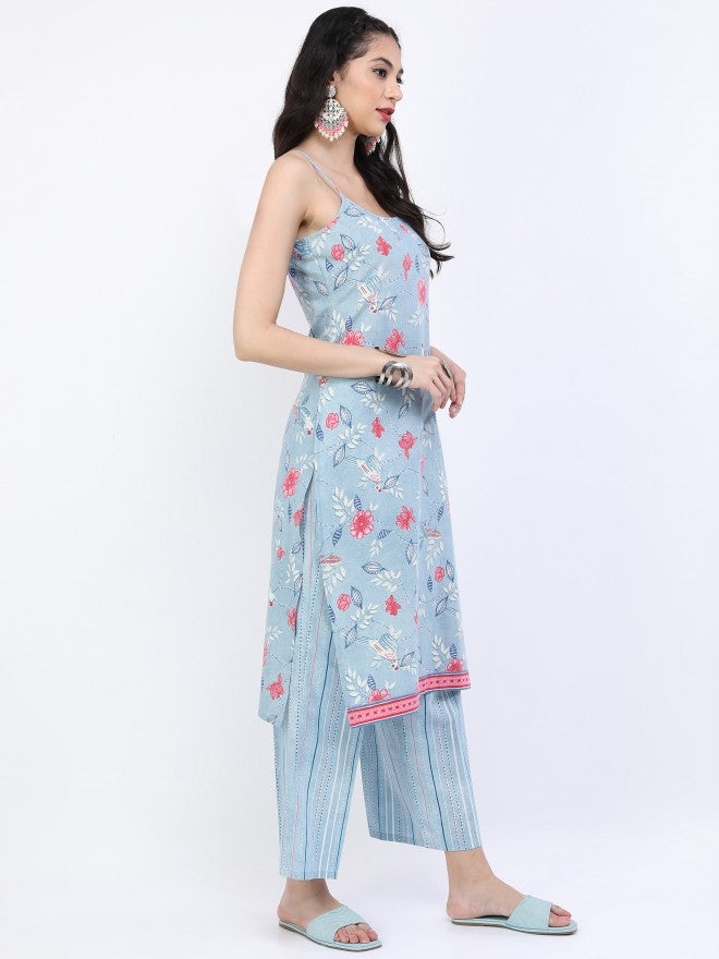 Vishudh Women Blue/Pink Floral Straight Kurta With Palazzo And Dupatta - Blue - Image 8