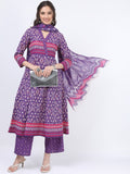Vishudh Women Purple Pink Ethnic Motifs Printed Kurta with Palazzo And Dupatta - Purple - Image 1