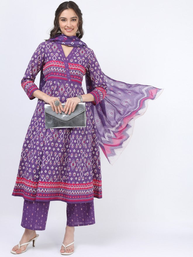 Vishudh Women Purple Pink Ethnic Motifs Printed Kurta with Palazzo And Dupatta - Purple - Image 1