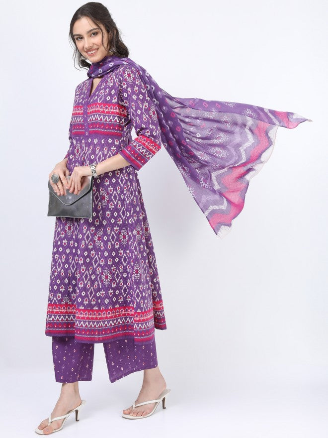 Vishudh Women Purple Pink Ethnic Motifs Printed Kurta with Palazzo And Dupatta - Purple - Image 2