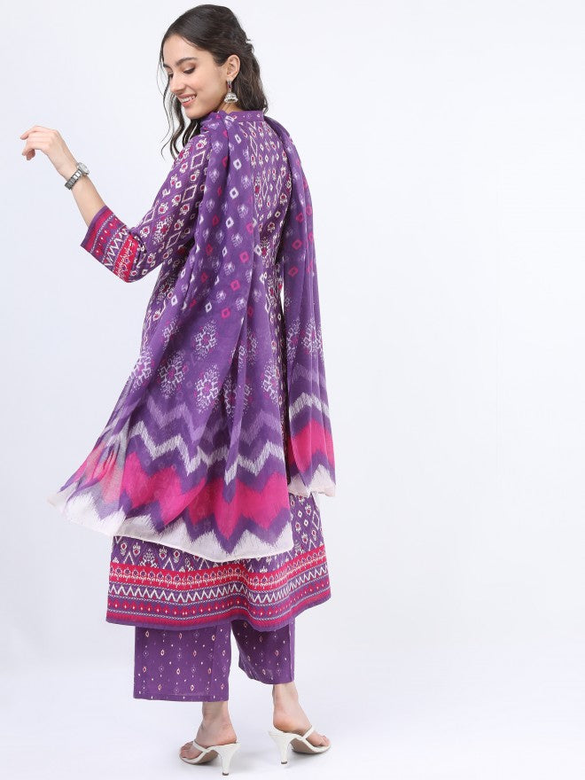 Vishudh Women Purple Pink Ethnic Motifs Printed Kurta with Palazzo And Dupatta - Purple - Image 3