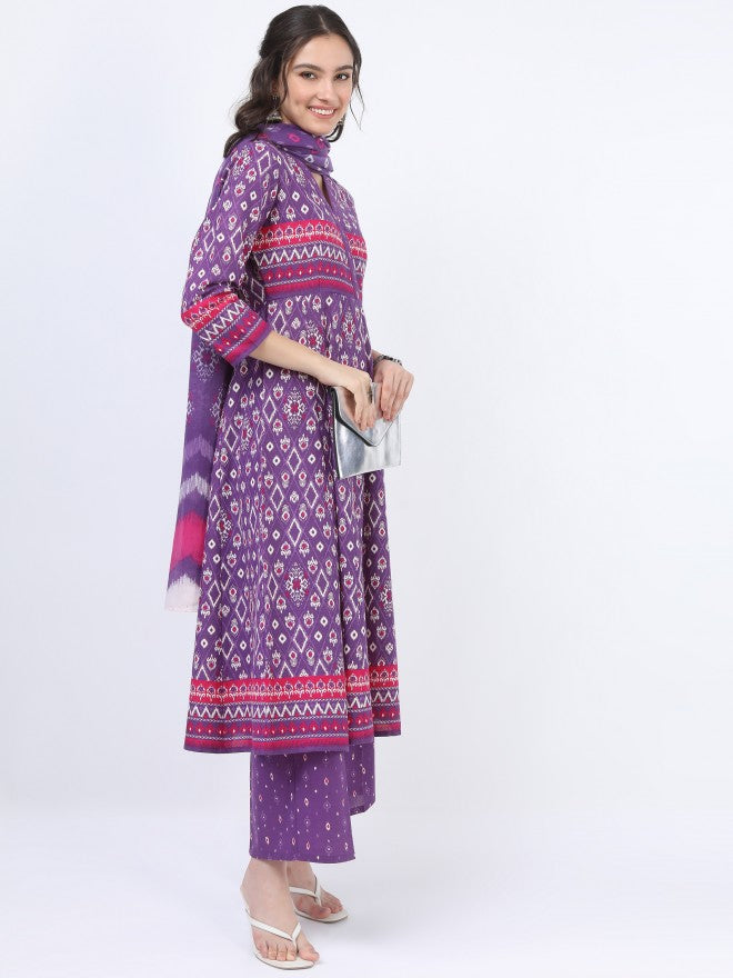 Vishudh Women Purple Pink Ethnic Motifs Printed Kurta with Palazzo And Dupatta - Purple - Image 5