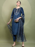 Vishudh Womens Teal Embroidered Velvet Kurta With Trouser And Dupatta - Teal - Image 1