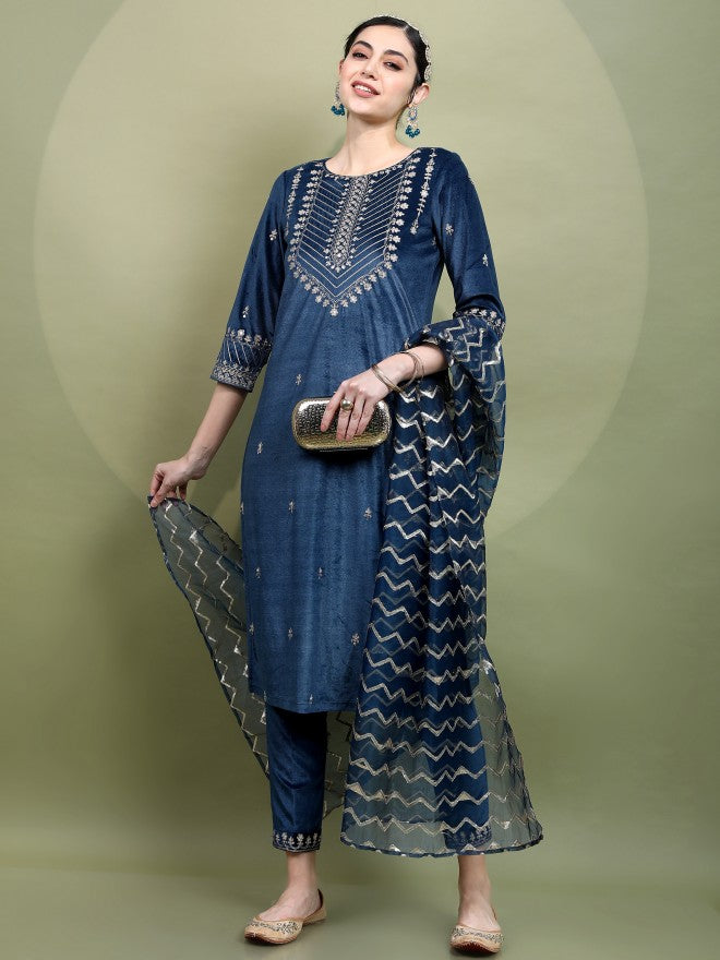 Vishudh Womens Teal Embroidered Velvet Kurta With Trouser And Dupatta - Teal - Image 1