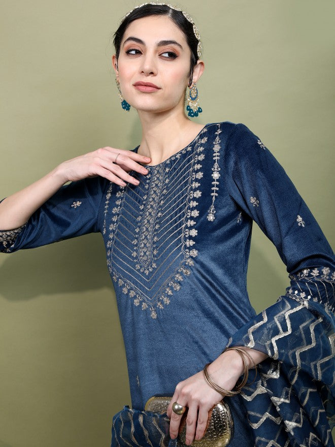 Vishudh Womens Teal Embroidered Velvet Kurta With Trouser And Dupatta - Teal - Image 2