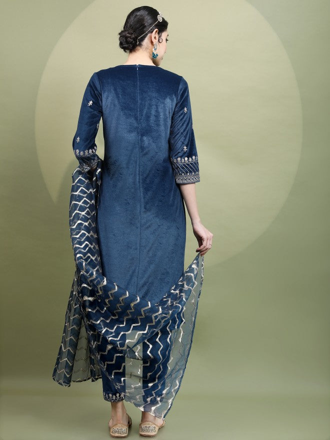 Vishudh Womens Teal Embroidered Velvet Kurta With Trouser And Dupatta - Teal - Image 3