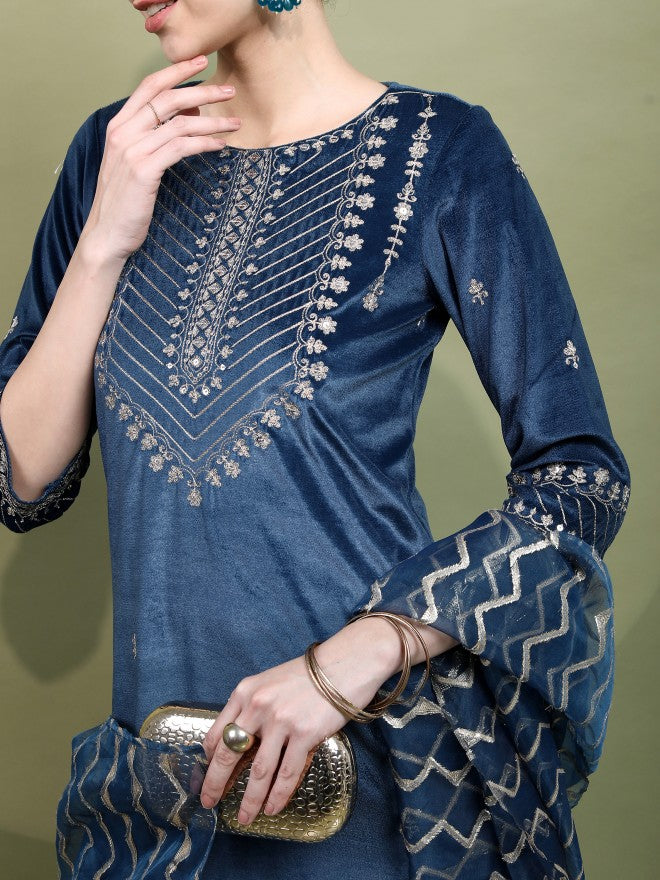 Vishudh Womens Teal Embroidered Velvet Kurta With Trouser And Dupatta - Teal - Image 5