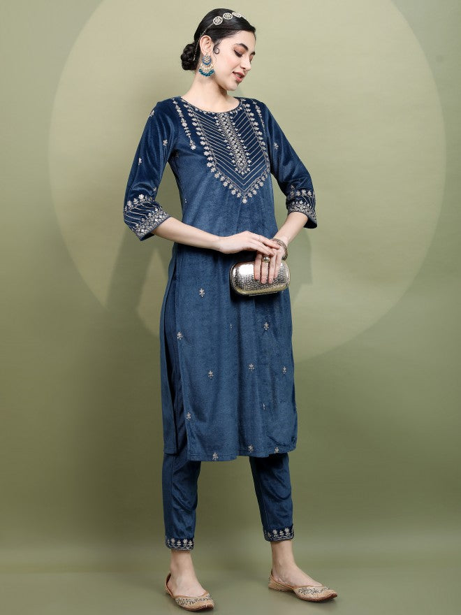 Vishudh Womens Teal Embroidered Velvet Kurta With Trouser And Dupatta - Teal - Image 6