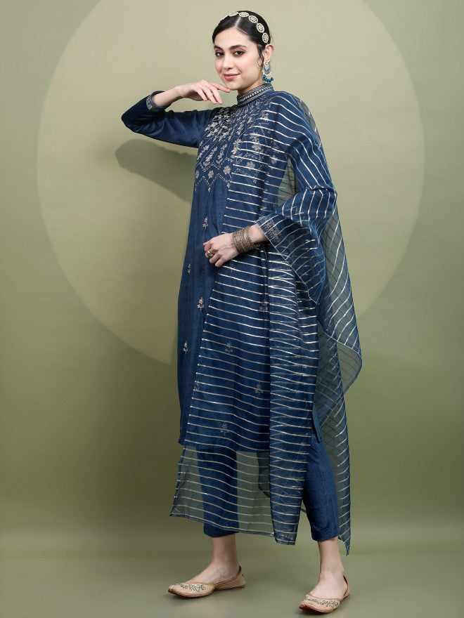 Vishudh Womens Teal. Embroidered Velvet Kurta With Trouser And Dupatta - Teal - Image 1
