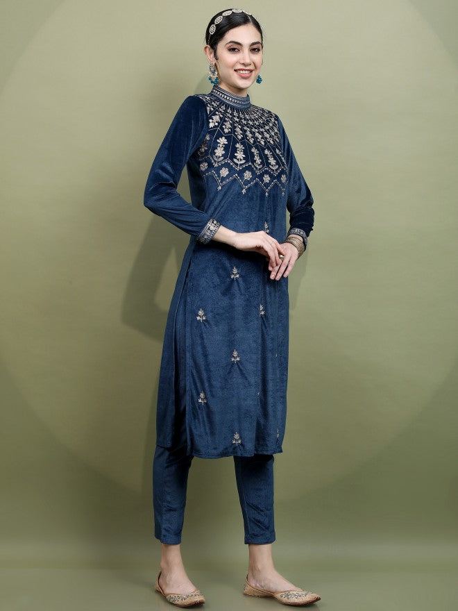 Vishudh Womens Teal. Embroidered Velvet Kurta With Trouser And Dupatta - Teal - Image 6