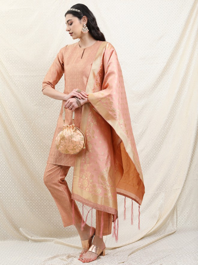Vishudh Women Pink Printed Brocade Kurta With Palazzo And Dupatta - Pink - Image 4