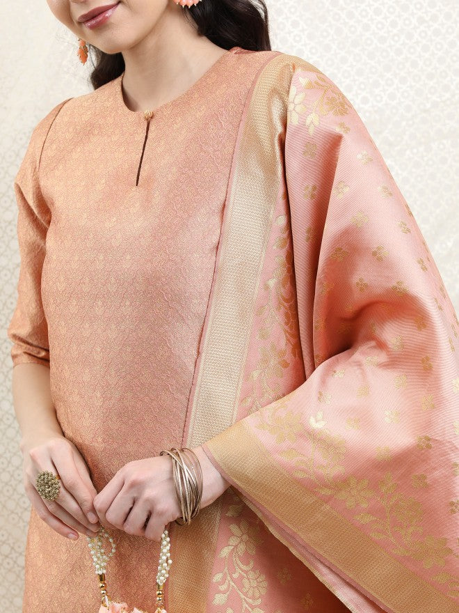 Vishudh Women Pink Printed Brocade Kurta With Palazzo And Dupatta - Pink - Image 5