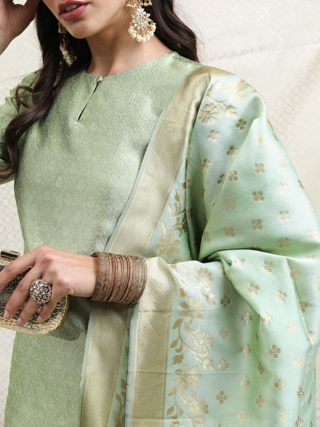 Vishudh Women Sage Printed Brocade Kurta With Palazzo And Dupatta - Sage - Image 5