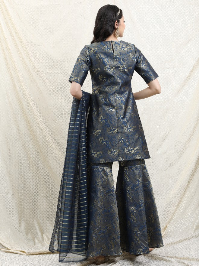 Vishudh Women Teal Printed Brocade Kurta With Sharara And Dupatta - Teal - Image 3