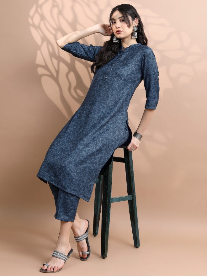 Vishudh Women Navy Blue Printed Kurta With Palazzo - Navy Blue - Image 2