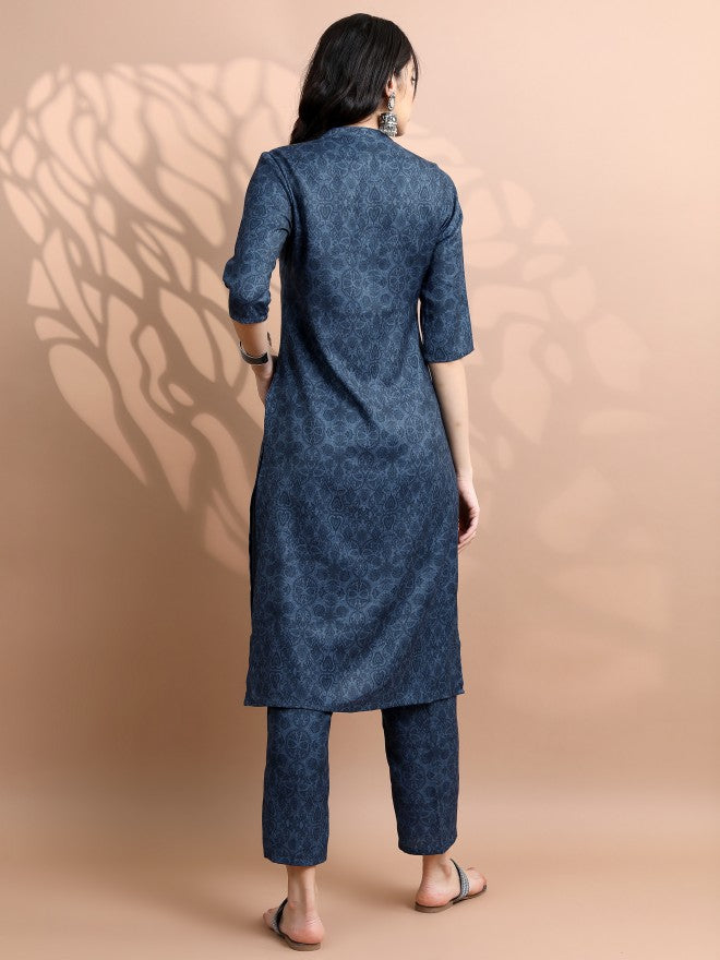 Vishudh Women Navy Blue Printed Kurta With Palazzo - Navy Blue - Image 3