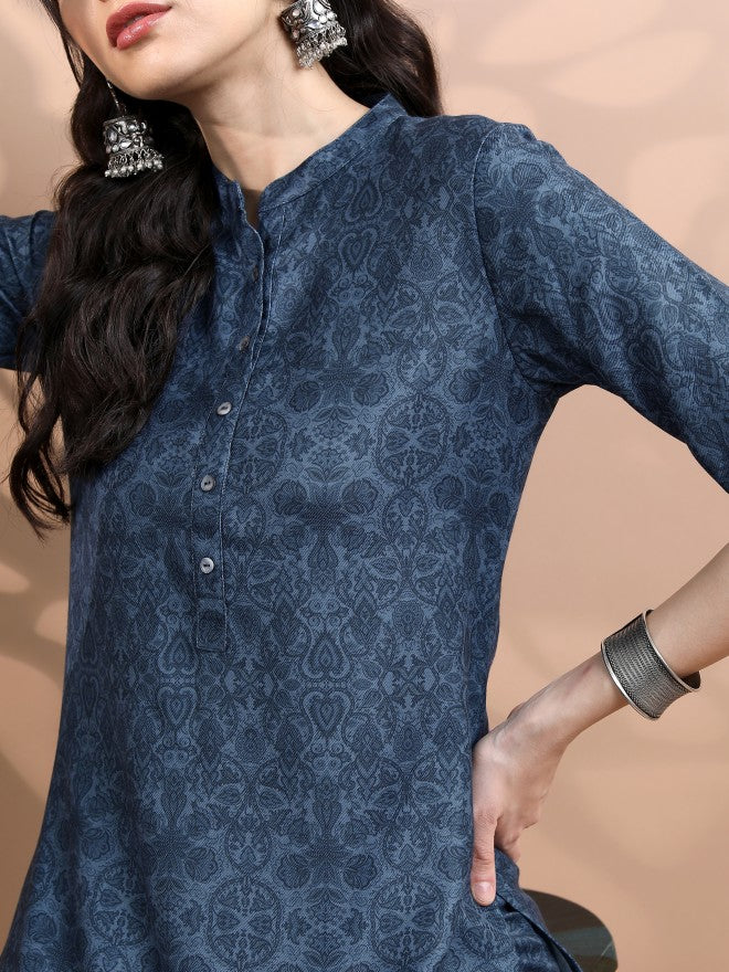 Vishudh Women Navy Blue Printed Kurta With Palazzo - Navy Blue - Image 4