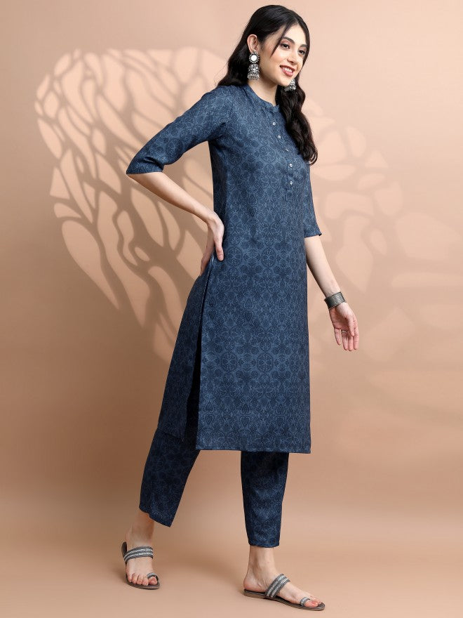 Vishudh Women Navy Blue Printed Kurta With Palazzo - Navy Blue - Image 5