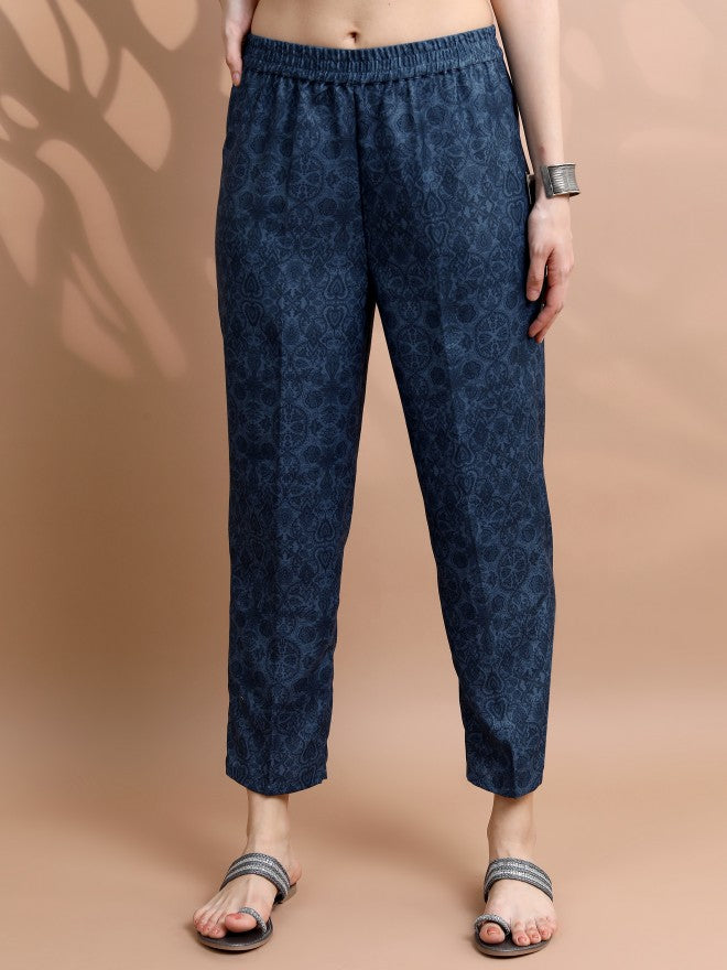 Vishudh Women Navy Blue Printed Kurta With Palazzo - Navy Blue - Image 6