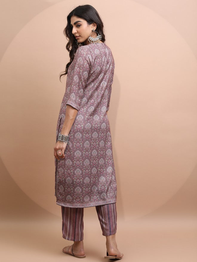 Vishudh Women Magenta Printed Kurta With Palazzo - Magenta - Image 3