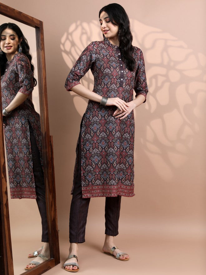 Vishudh Women Brown Printed Kurta With Trouser - Brown - Image 1