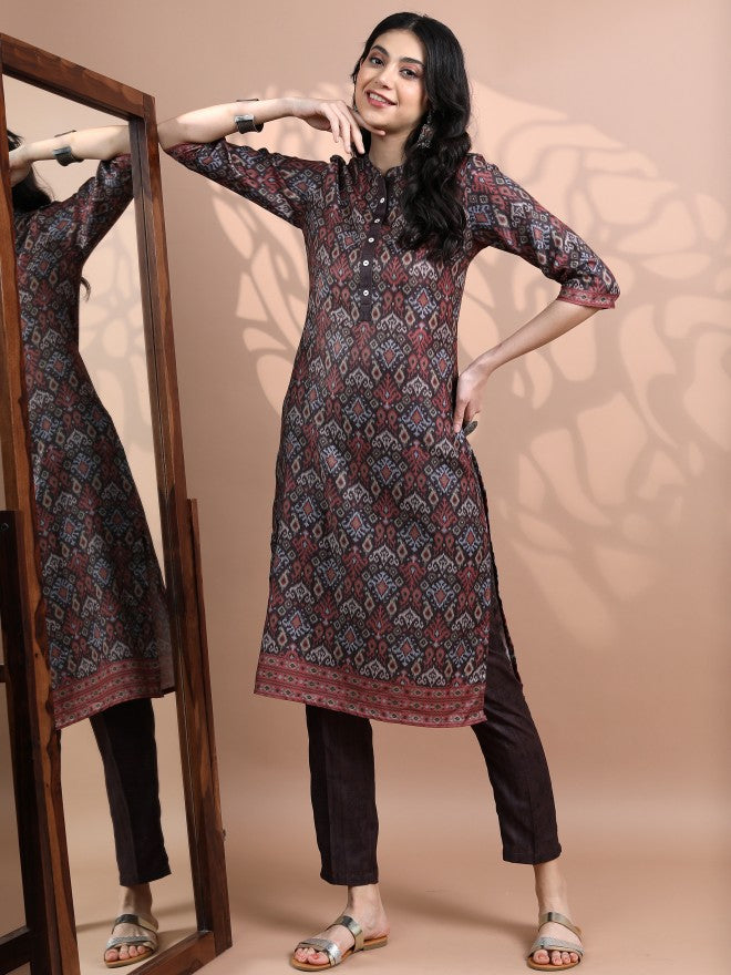 Vishudh Women Brown Printed Kurta With Trouser - Brown - Image 2