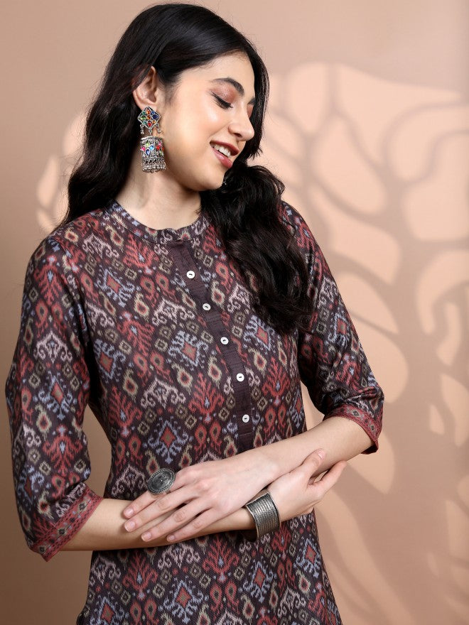 Vishudh Women Brown Printed Kurta With Trouser - Brown - Image 4