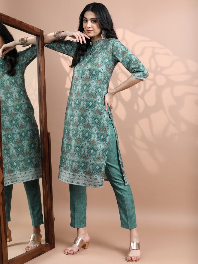 Vishudh Women Teal Printed Kurta With Trouser - Teal - Image 1