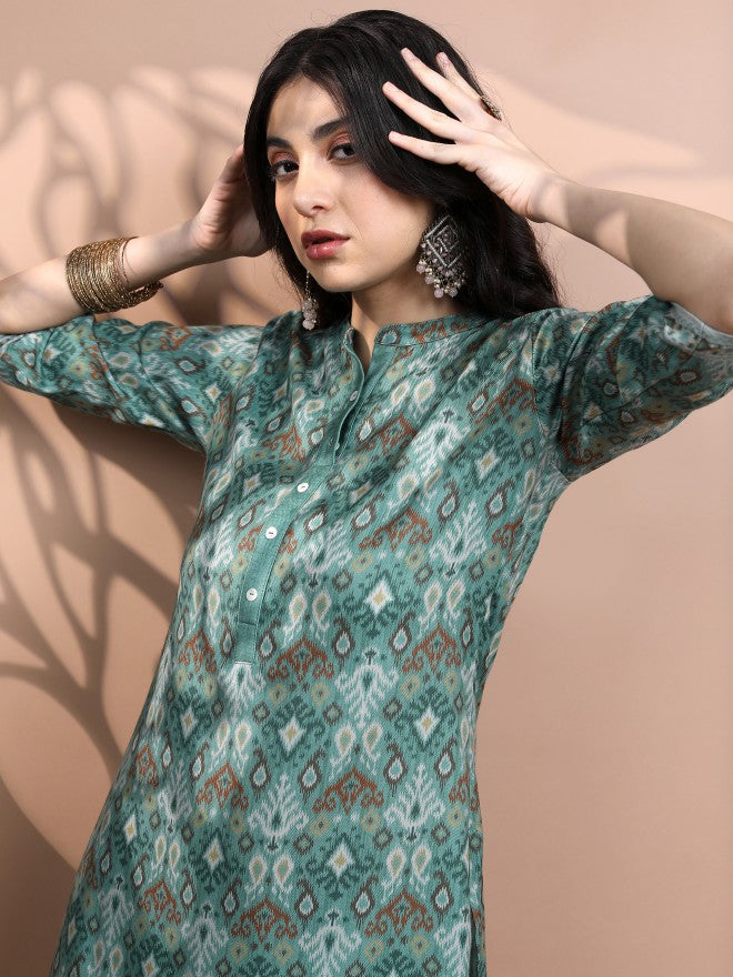 Vishudh Women Teal Printed Kurta With Trouser - Teal - Image 2