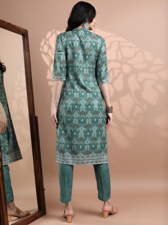 Vishudh Women Teal Printed Kurta With Trouser - Teal - Image 3