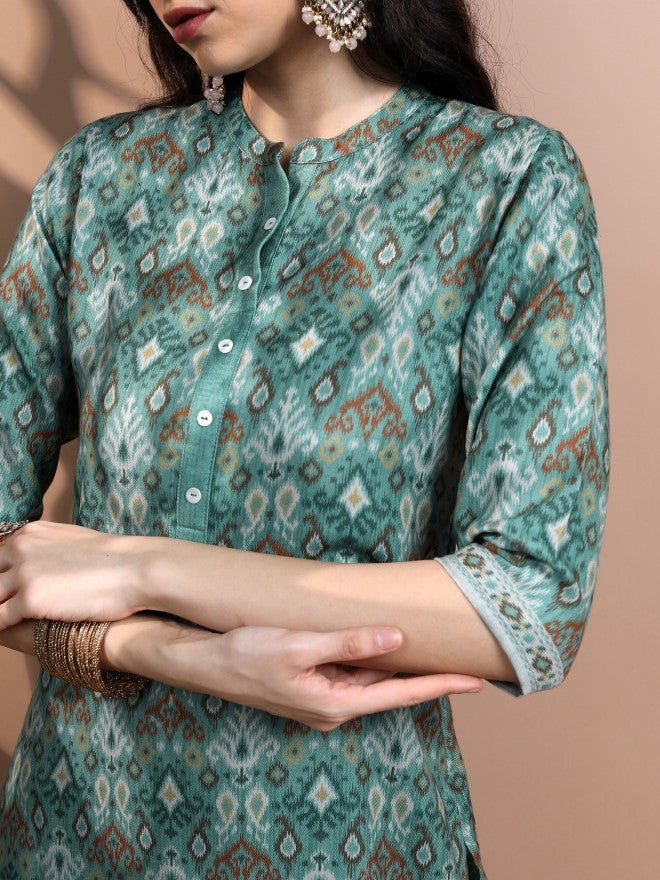 Vishudh Women Teal Printed Kurta With Trouser - Teal - Image 4