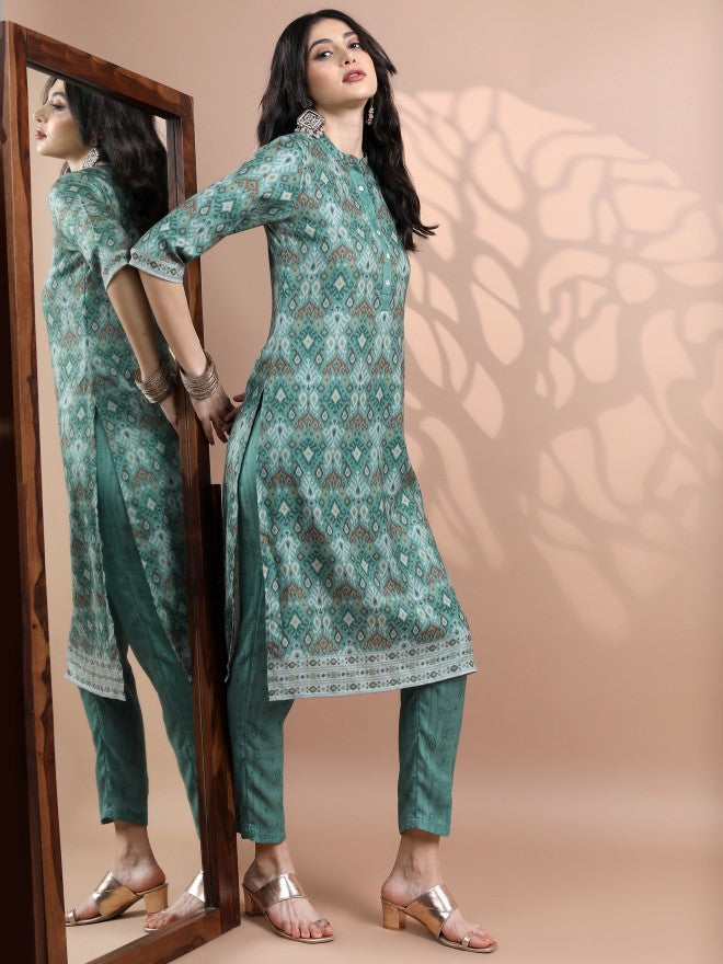 Vishudh Women Teal Printed Kurta With Trouser - Teal - Image 5