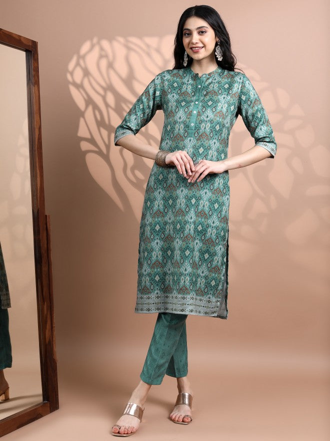 Vishudh Women Teal Printed Kurta With Trouser - Teal - Image 6