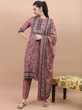 Vishudh Women Pink Printed Kurta With Trouser And Dupatta - Pink - Image 1